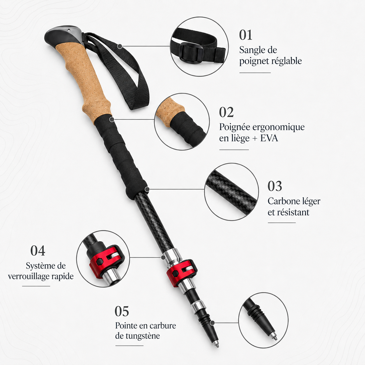Bâtons de marche nordique Carbone, pliables SHOCKPROOF noir - VOXOR