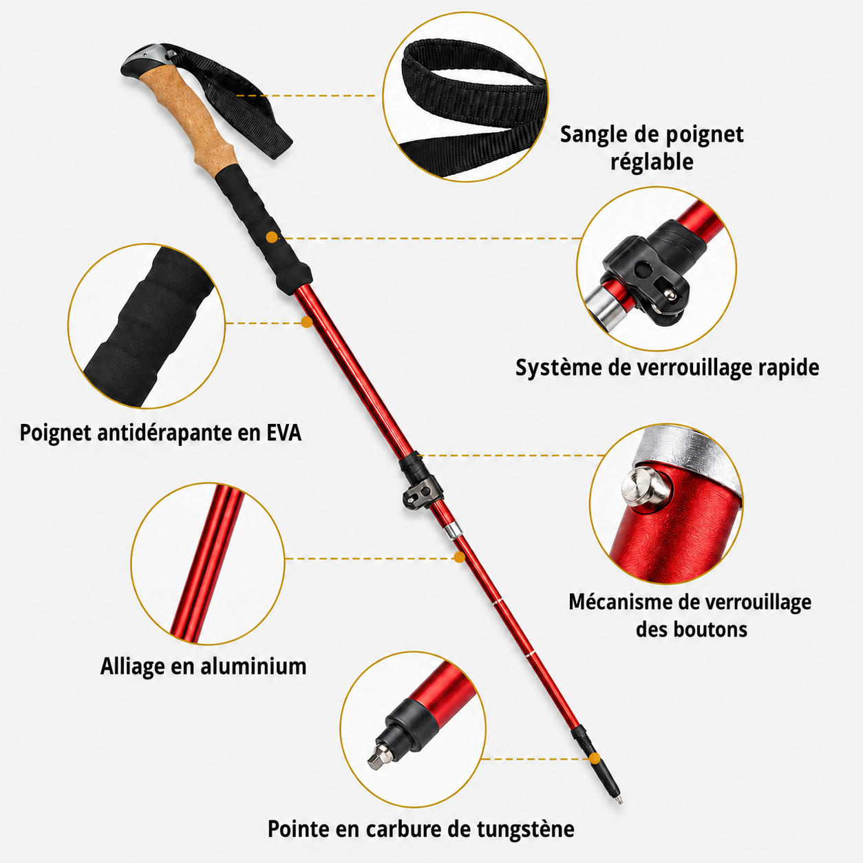 Bâtons de marche nordique Aluminium, pliables SHOCKPROOF rouge - VOXOR