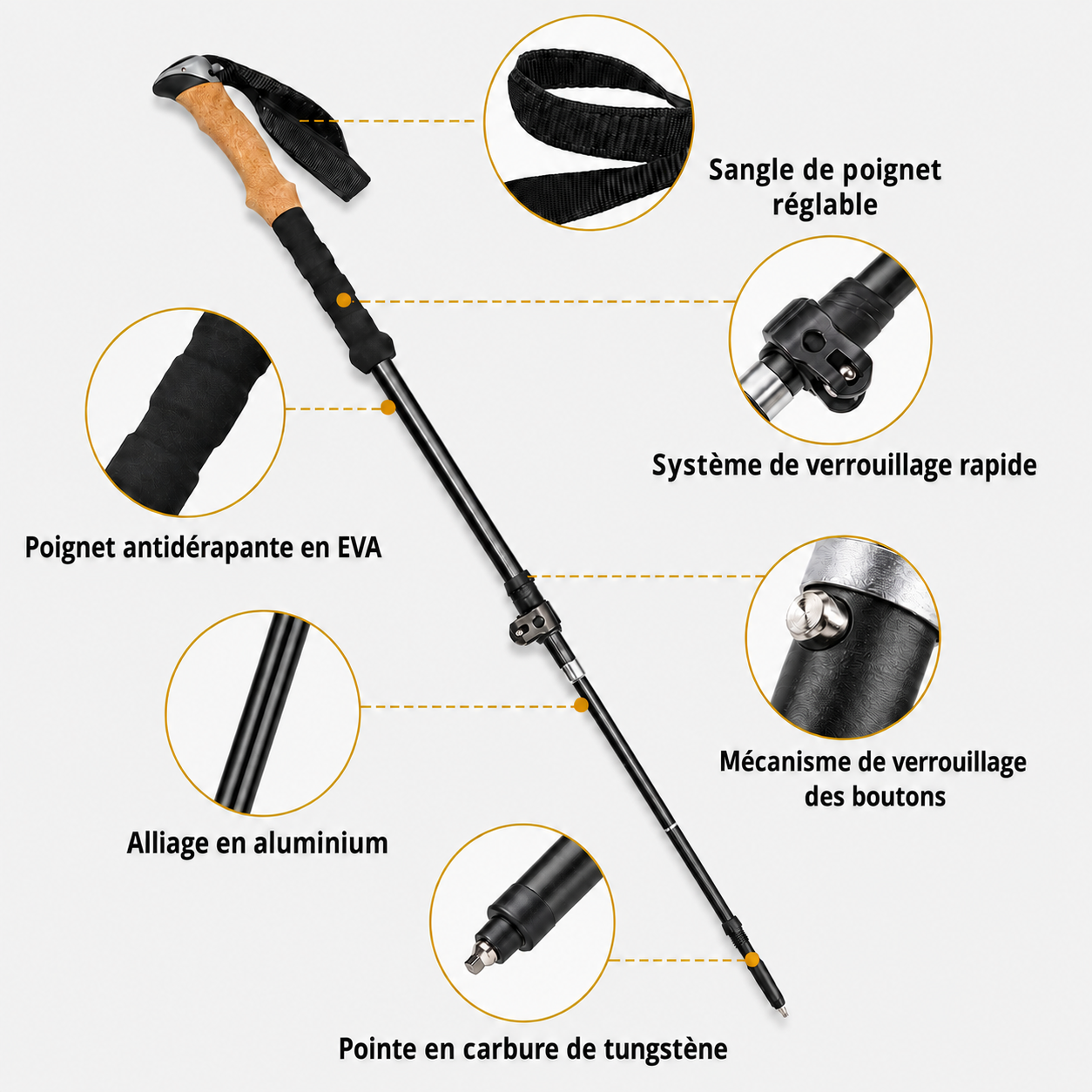 Bâtons de marche nordique Aluminium, pliables SHOCKPROOF noir - VOXOR