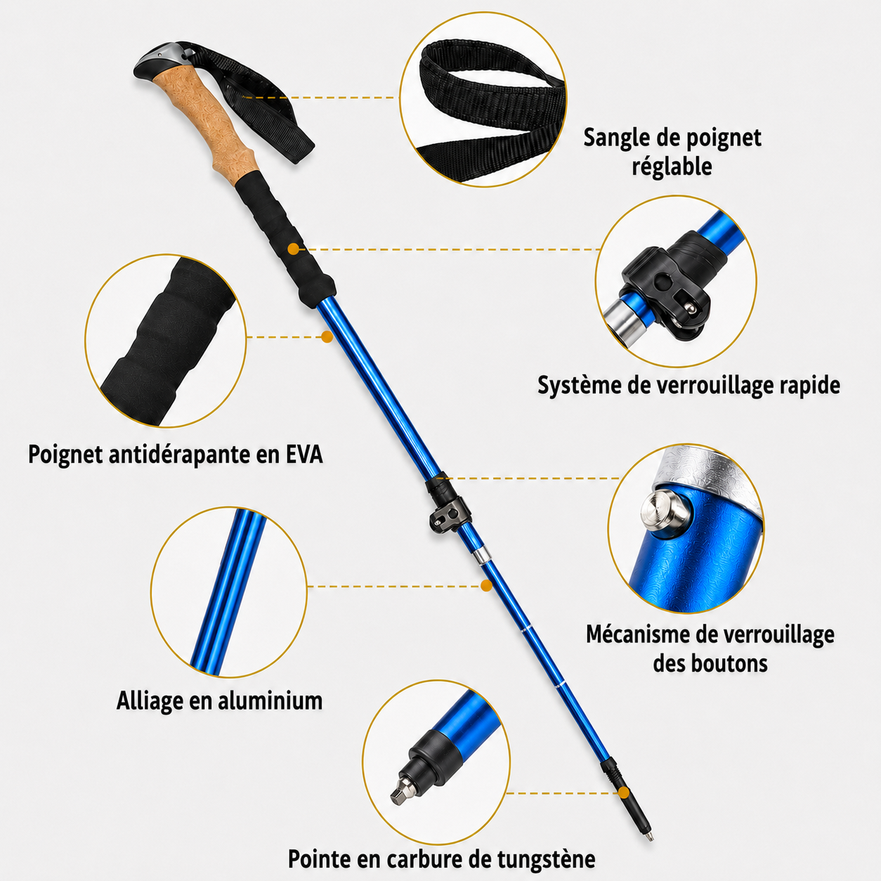 Bâtons de marche nordique Aluminium, pliables SHOCKPROOF bleu - VOXOR